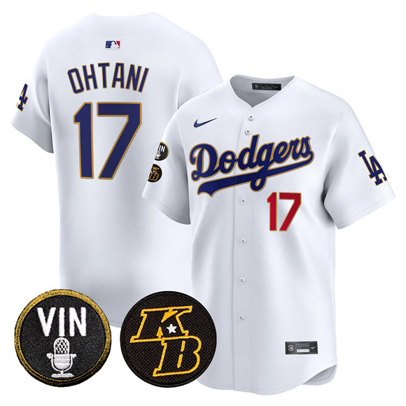 Men's White Los Angeles Dodgers #17 Shohei Ohtani 2026 Vin & Kobe Patch Gold Trim Vapor Premier Limited Stitched Baseball Jersey